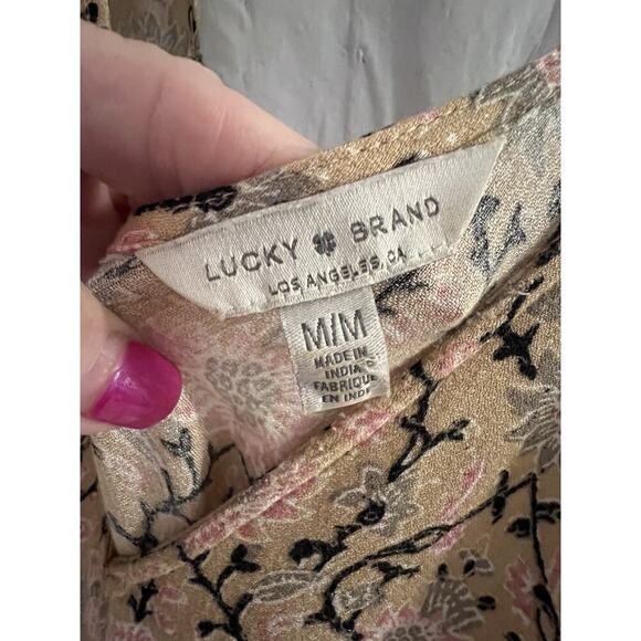Lucky Brand Tan Pink Floral Maxi Dress Size M Pockets Lined Elastic Waist Boho - Picture 5 of 8